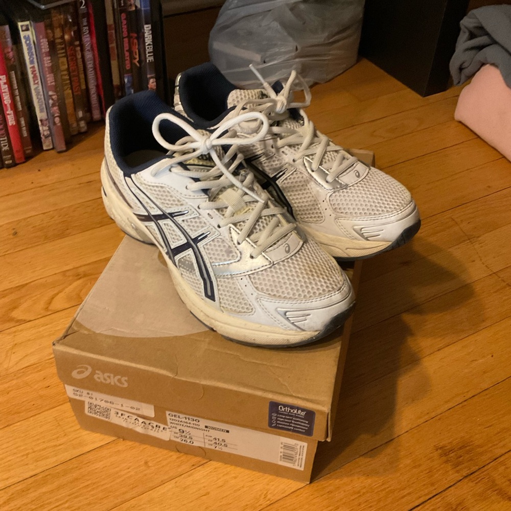 ASICS women’s Cream and Navy Athletic Shoes